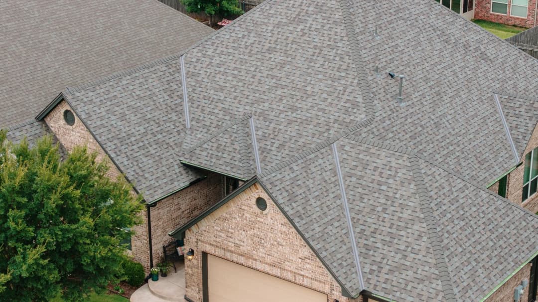 Aerial detail of a completed Fort Worth residential roof
