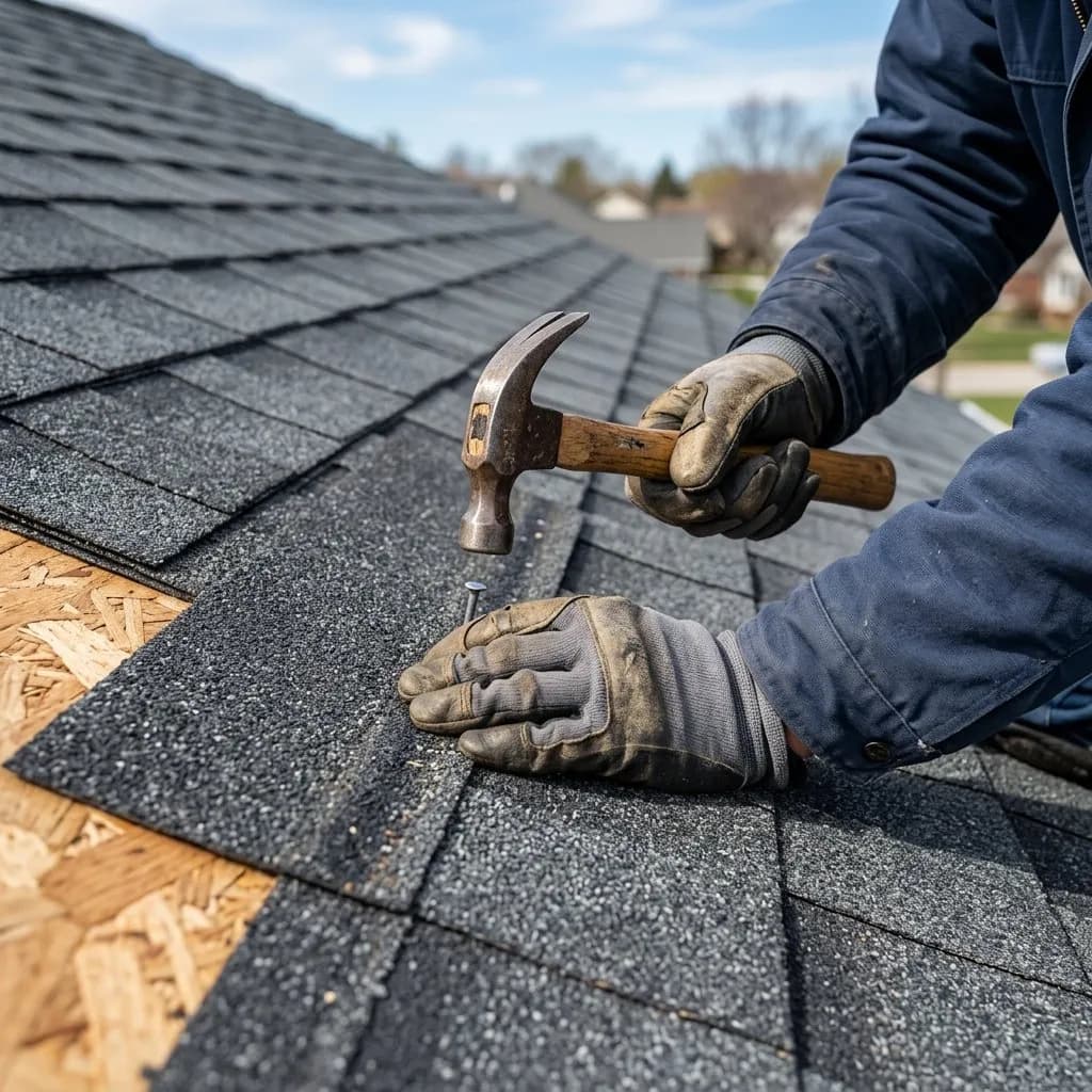 Roofer fastening replacement asphalt shingles over roof decking