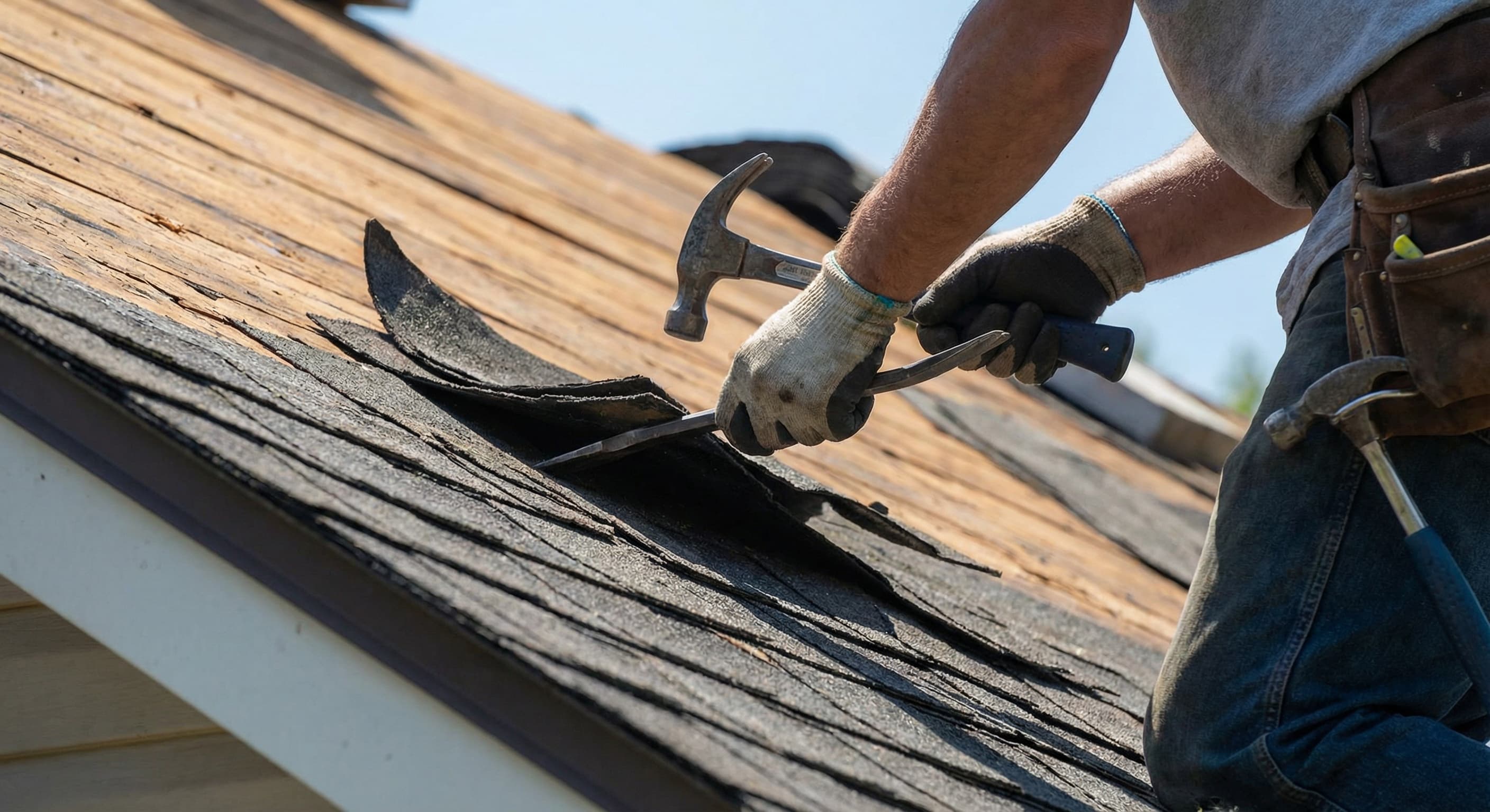 Roofing contractor removing worn shingles during a tear-off