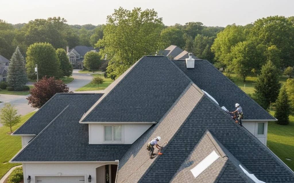 Roofing professionals assessing a residential roof before future work