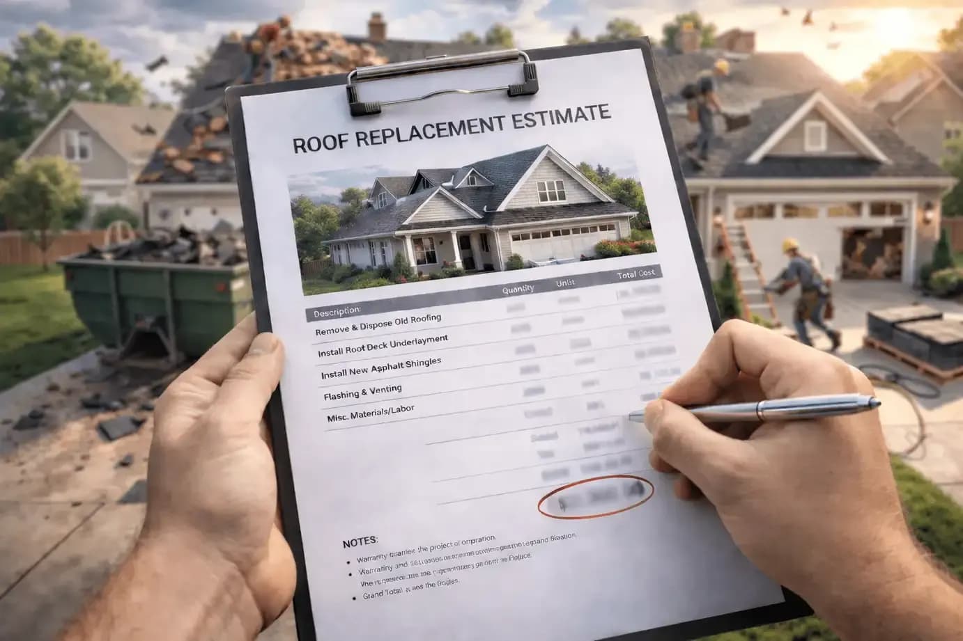 Written roof estimate being reviewed during a residential roofing project