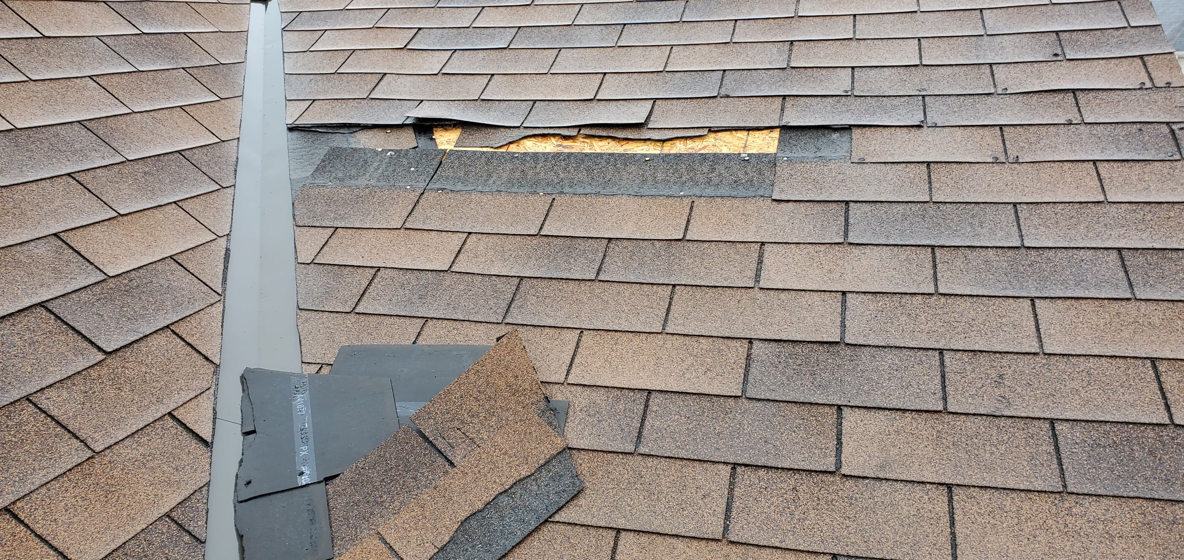 Wind-damaged asphalt shingles missing from a roof slope